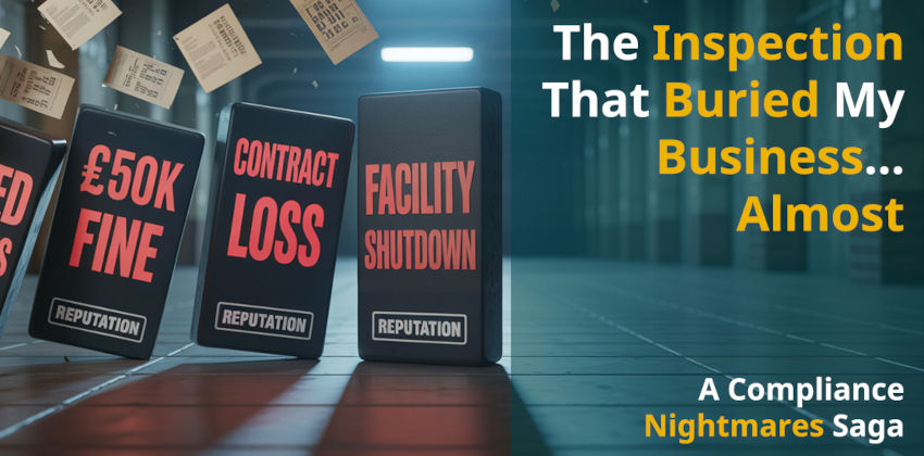 4 dominoes labelled with "Missed deadlines", "£50K fines", "Contract loss", "Facility shutdown" in an industrial area with papers flying in the background