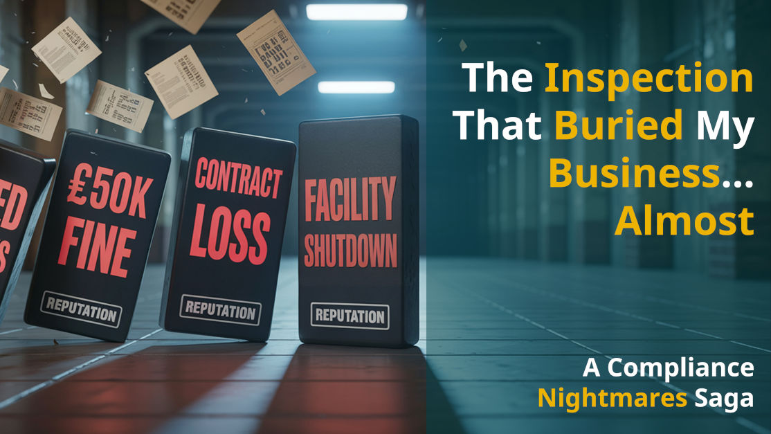 4 dominoes labelled with "Missed deadlines", "£50K fines", "Contract loss", "Facility shutdown" in an industrial area with papers flying in the background