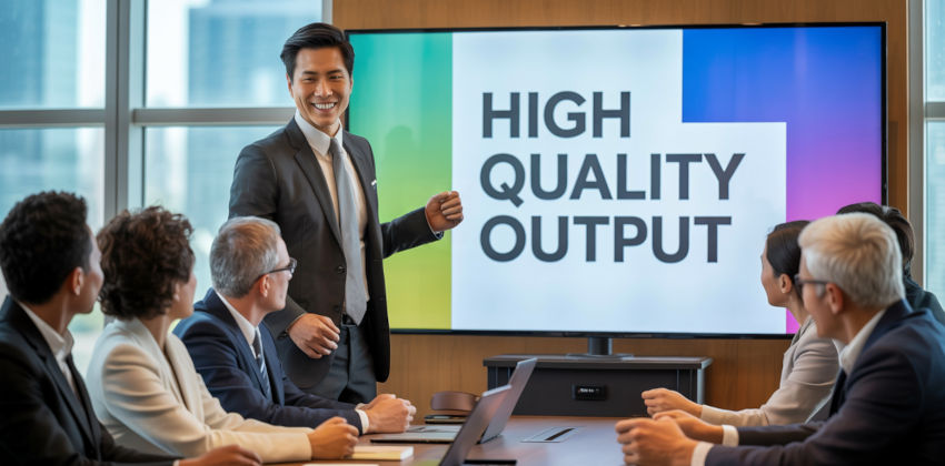 Asian man giving a presentation, with the words 'High Quality Output' being displayed on the slide