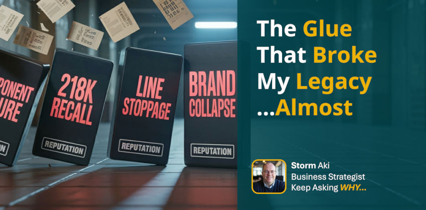 4 dominoes labelled with "Component failure", "218K recall", "Line stoppage", "Brand collapse" in an industrial area with papers flying in the background