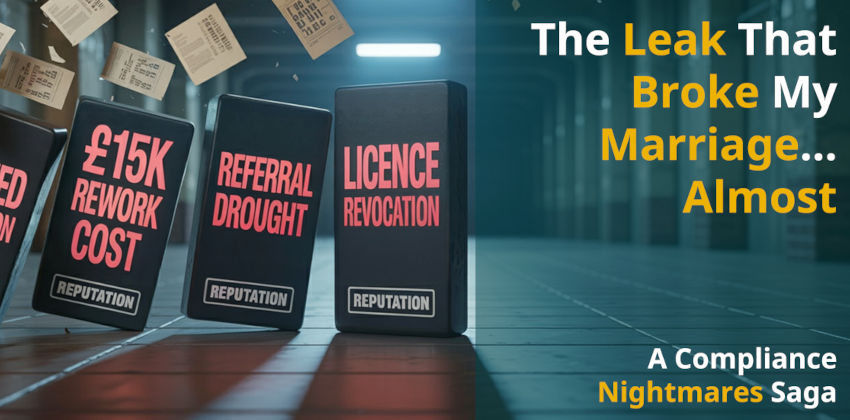 4 dominoes labelled with "Botched installation", "£15K rework cost", "Referral drought", "License revocation" in an industrial area with papers flying in the background
