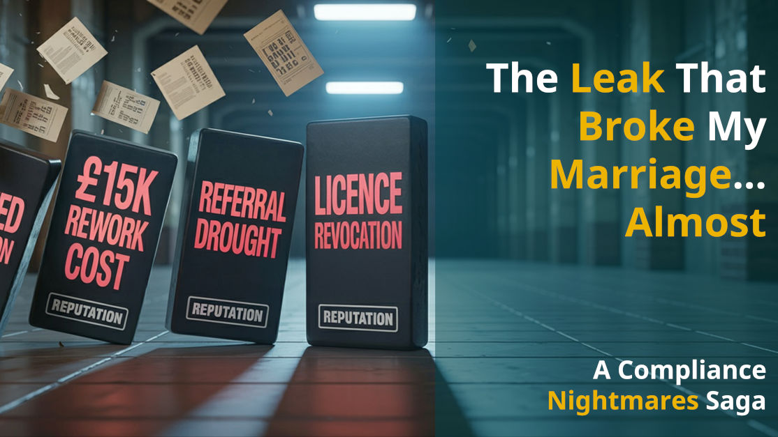 4 dominoes labelled with "Botched installation", "£15K rework cost", "Referral drought", "License revocation" in an industrial area with papers flying in the background