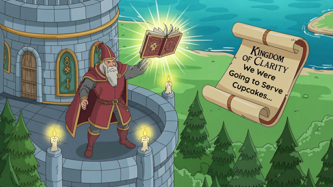 Magician in a red cloak holding a floating magic book on a watchtower with a scroll to the right labelled "Kingdom of Clarity"