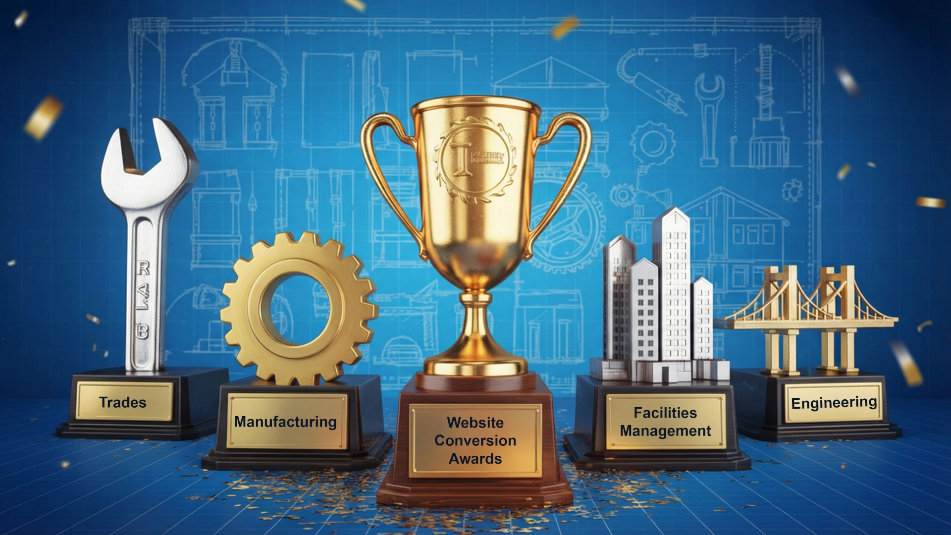 5 trophies being displayed, 4 industry-specific trophies and 1 website conversion awards trophy
