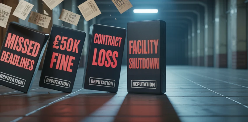 4 dominoes labelled with "Missed deadlines", "£50K fines", "Contract loss", "Facility shutdown" in an industrial area with papers flying in the background