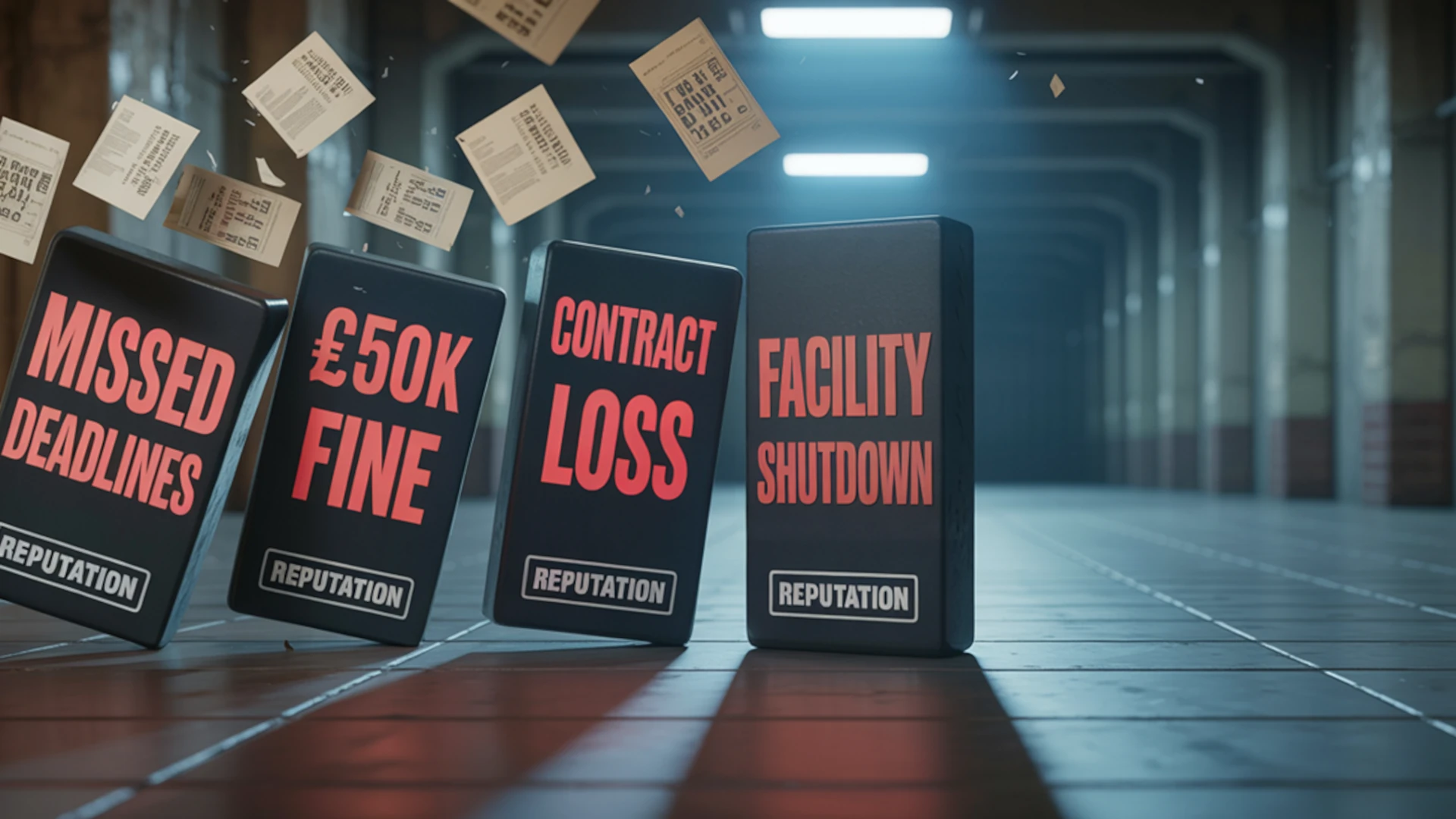 4 dominoes labelled with "Missed deadlines", "£50K fines", "Contract loss", "Facility shutdown" in an industrial area with papers flying in the background