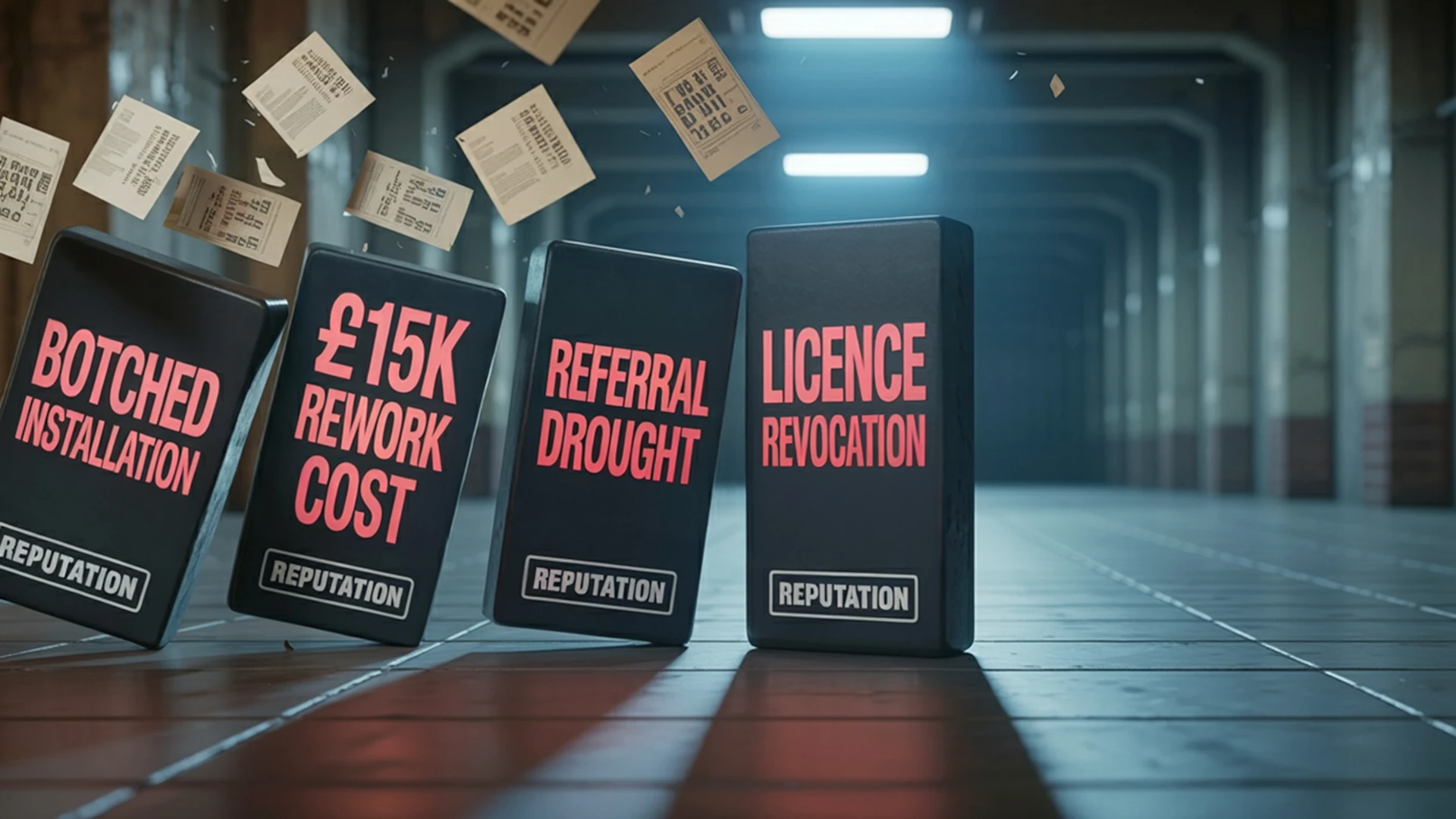 4 dominoes labelled with "Botched installation", "£15K rework cost", "Referral drought", "License revocation" in an industrial area with papers flying in the background