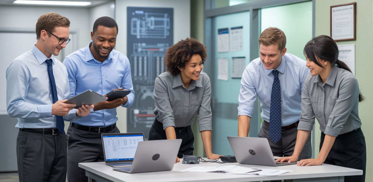 Diverse team of happy professionals reviewing equipment reference data