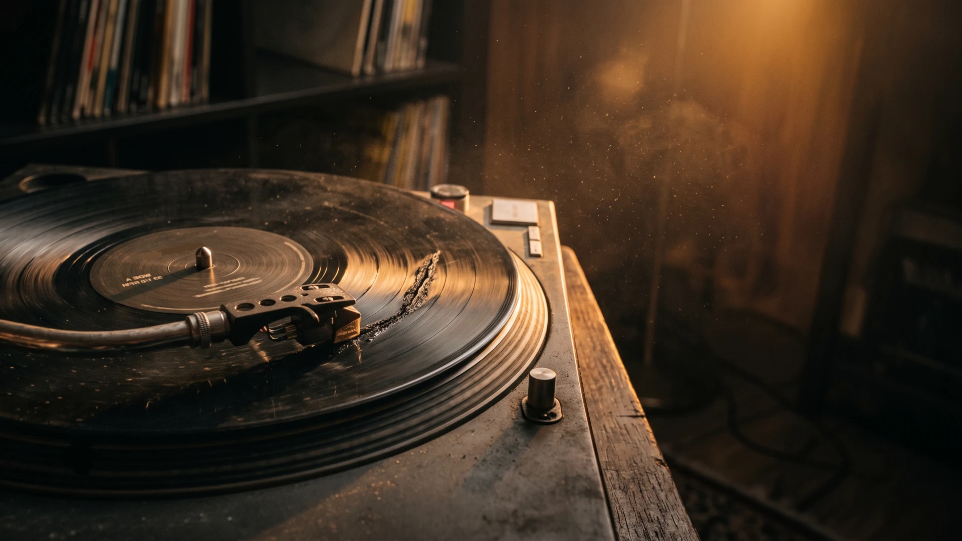 FoDusty vinyl record spinning on a vintage turntable as golden light catches years of wear and a collection waits on the shelf behind it