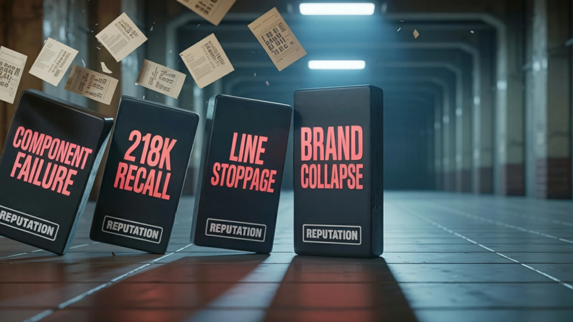 4 dominoes labelled with "Component failure", "218K recall", "Line stoppage", "Brand collapse" in an industrial area with papers flying in the background