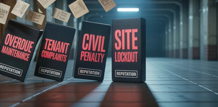 4 dominoes labelled with "Overdue maintenance", "Tenant complaints", "Civil penalty", "Site lockout" in an industrial area with papers flying in the background