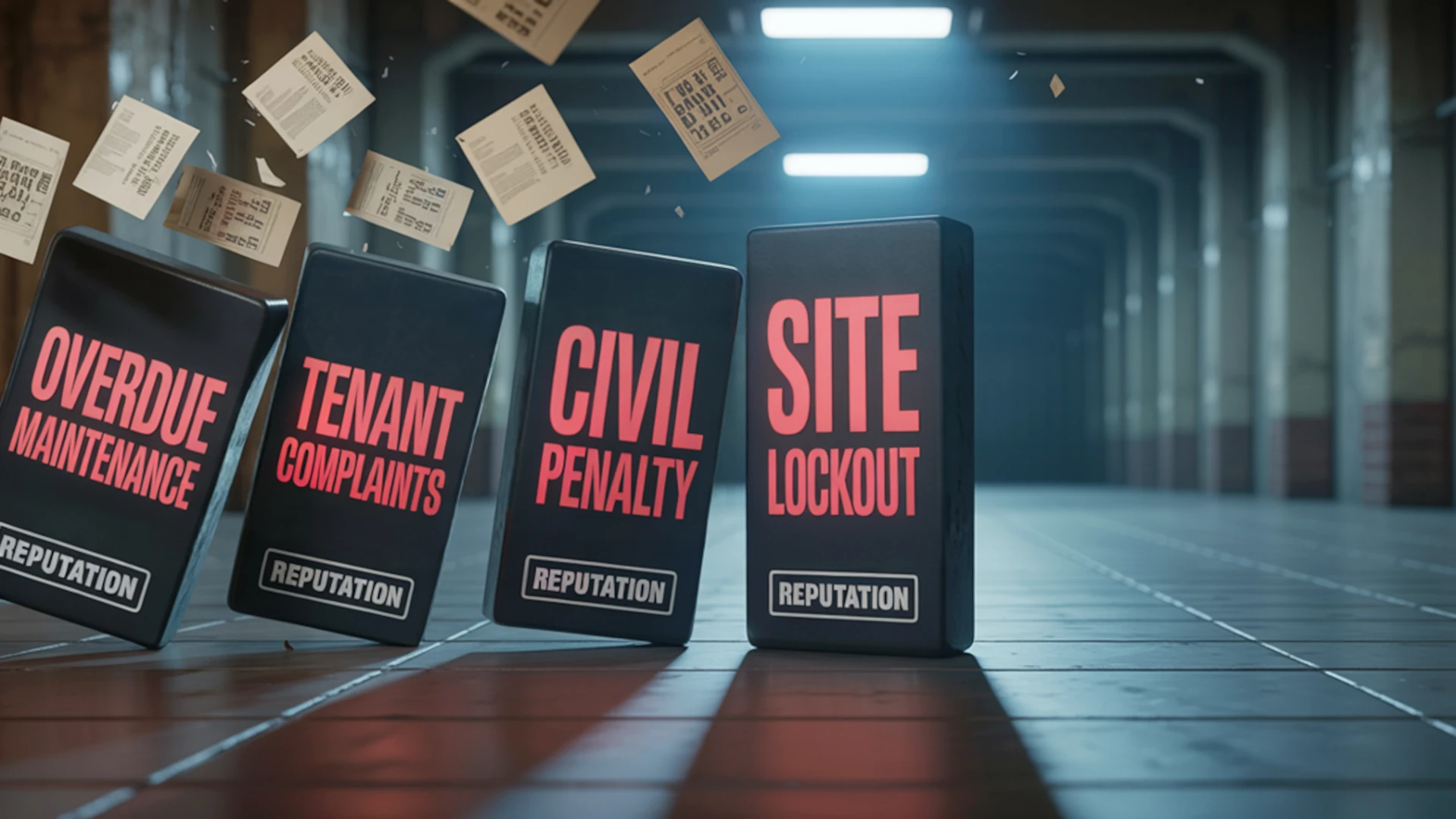 4 dominoes labelled with "Overdue maintenance", "Tenant complaints", "Civil penalty", "Site lockout" in an industrial area with papers flying in the background