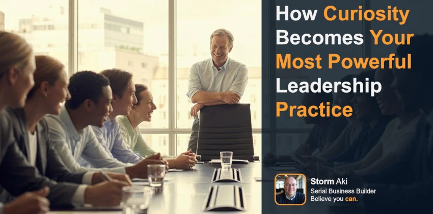 Founder standing at the heading of the table, leading with curiosity to enforce engagement and free thinking