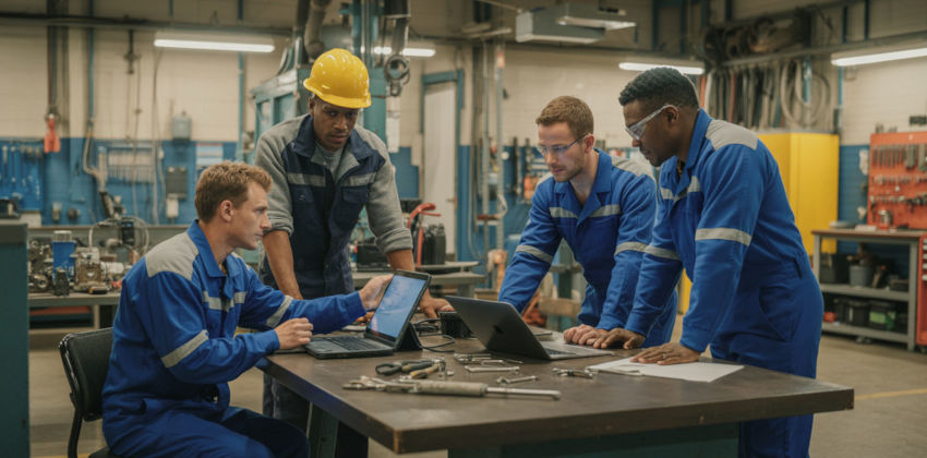 Industrial workshop with workers using a CMMS