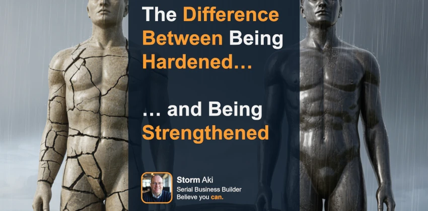 Two human statues standing in a storm; one hardened and begining to crack, one strengthened, enduring the storm