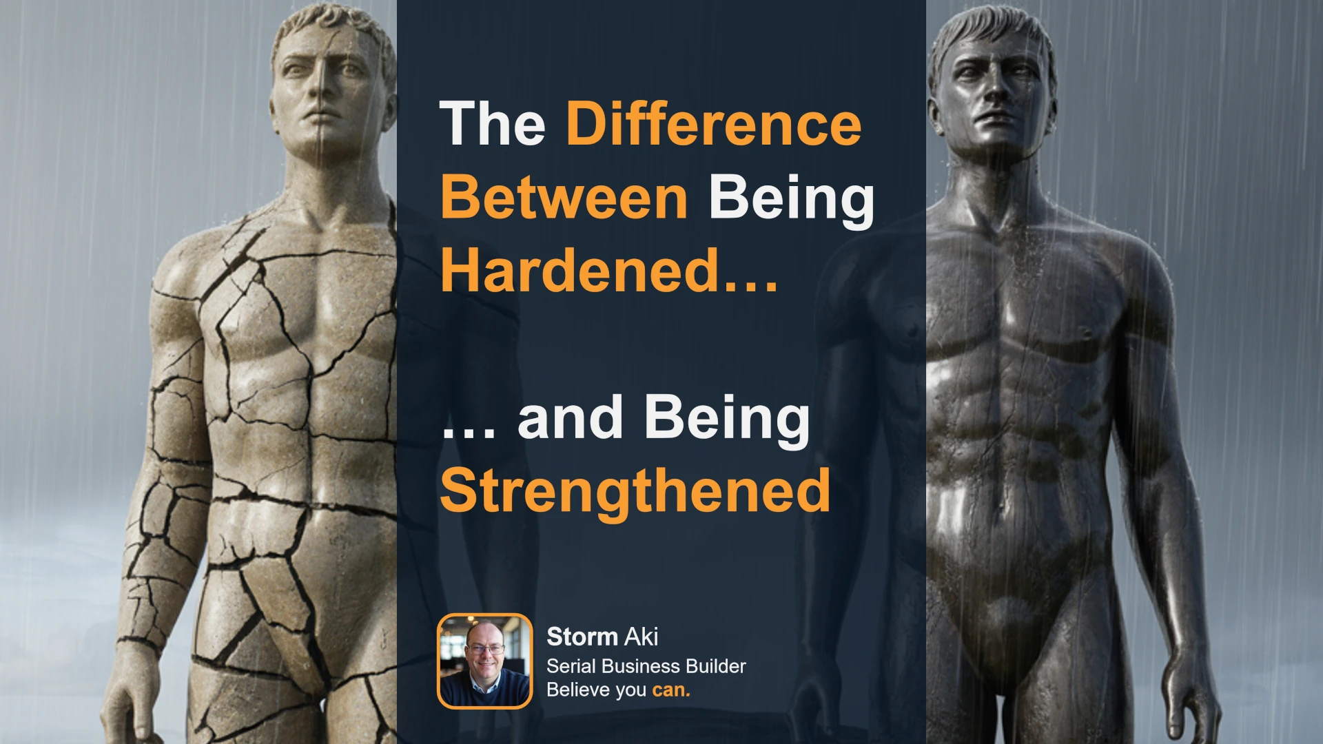 Two human statues standing in a storm; one hardened and begining to crack, one strengthened, enduring the storm