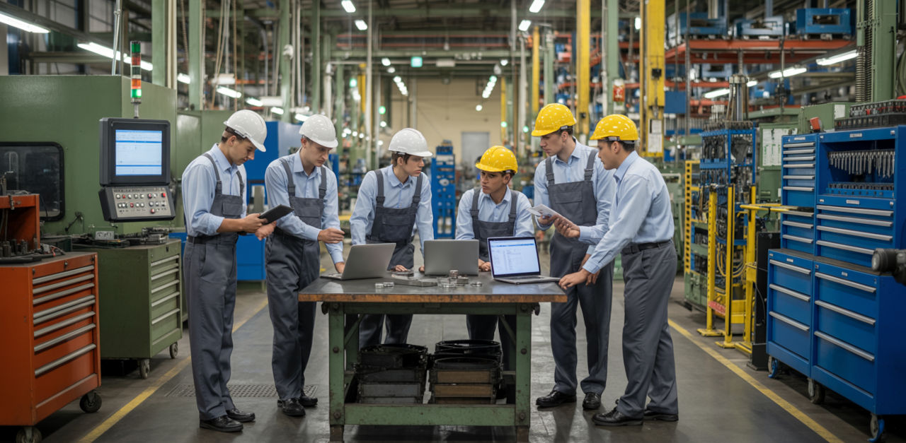 Manufacturing plant with technicians using an EAM system.