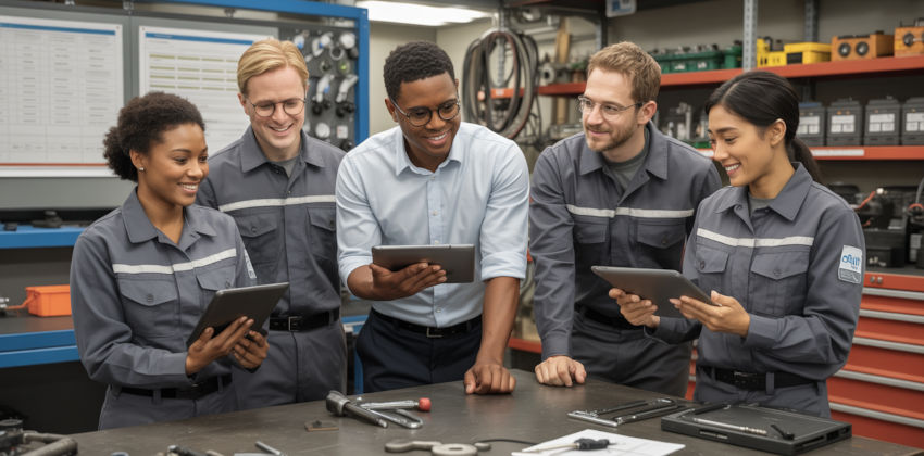 Diverse team of trades people looking at an equipment vulnerability management system with a manager