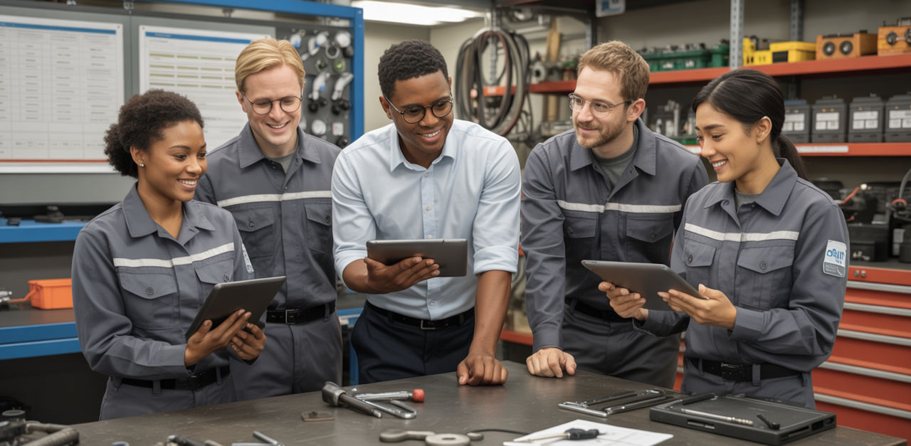 Diverse team of trades people looking at an equipment vulnerability management system with a manager