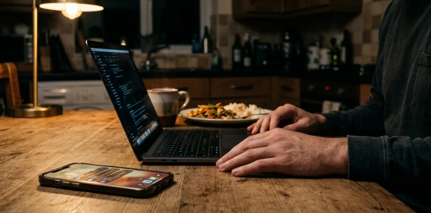 Founder facing the cost of a stalled launch at his kitchen table, phone propped against a laptop, both screens dim, an untouched dinner and mug beside them.