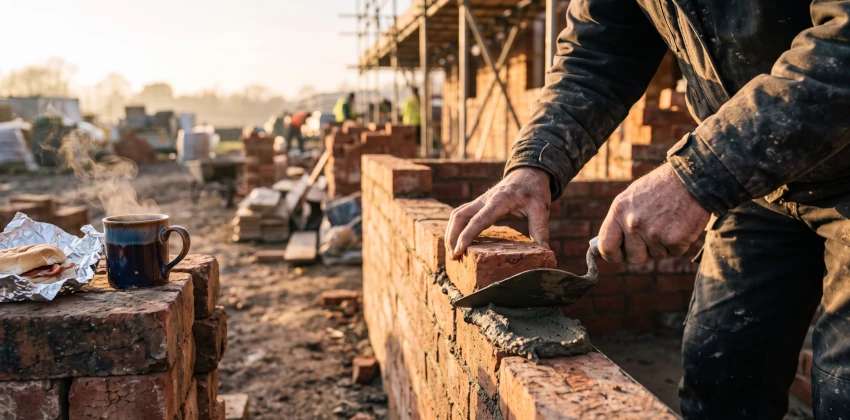 Weathered hands trowel mortar onto brick as a builder lays the next course, tea and a bacon roll waiting nearby - foundations laid right, brick by brick.