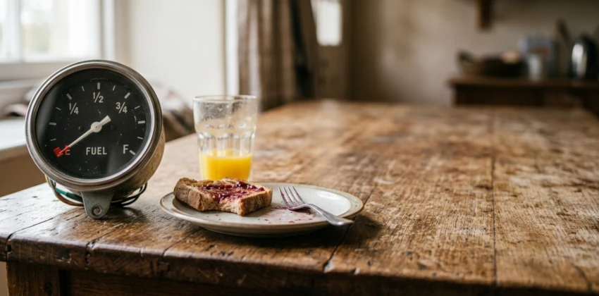 A vintage fuel gauge sits on a rustic kitchen table, needle resting on empty beside half-eaten jam on toast, breakfast on the edge of leadership burnout.