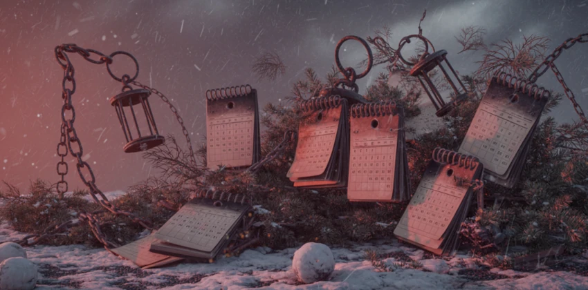 A broken down Christmas tree with calendars and chains around it