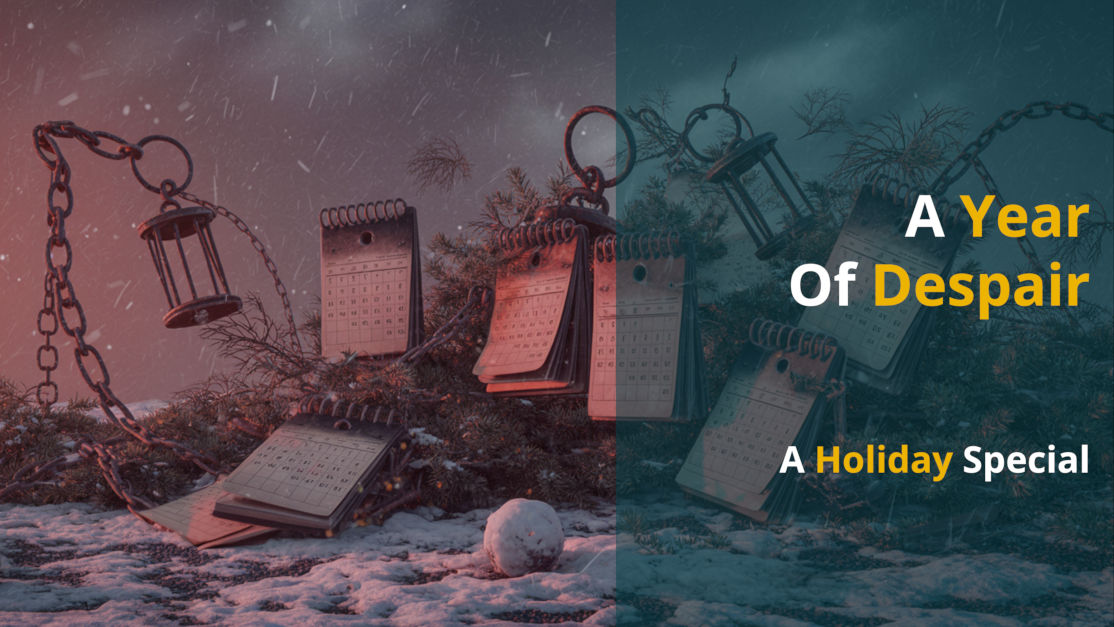 A broken down Christmas tree with calendars and chains around it