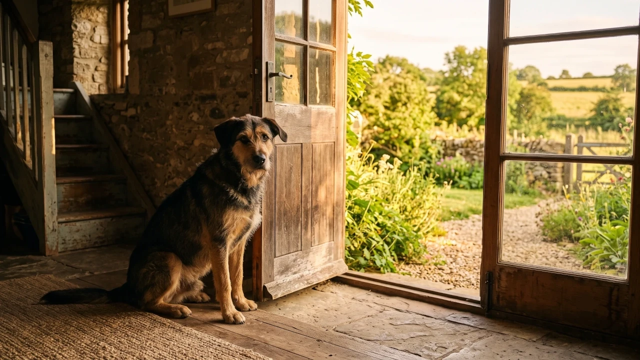 Dog sitting in open doorway of rustic stone cottage with English countryside garden in golden hour sunlight