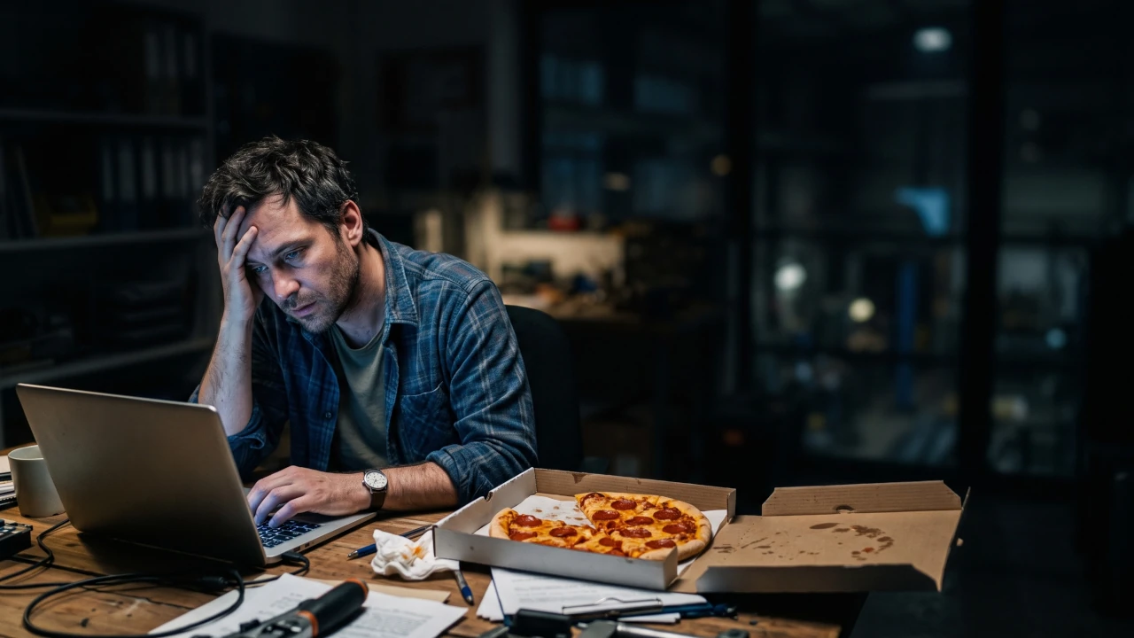 Exhausted founder slumped at a laptop late at night in his workshop office, planning his next marketing attempt, an open pepperoni pizza box going cold beside him.